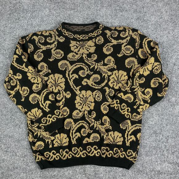 Alfred Dunner Sweater Womens Petite L Black Gold Floral Baroque Knit Vintage - Picture 1 of 7